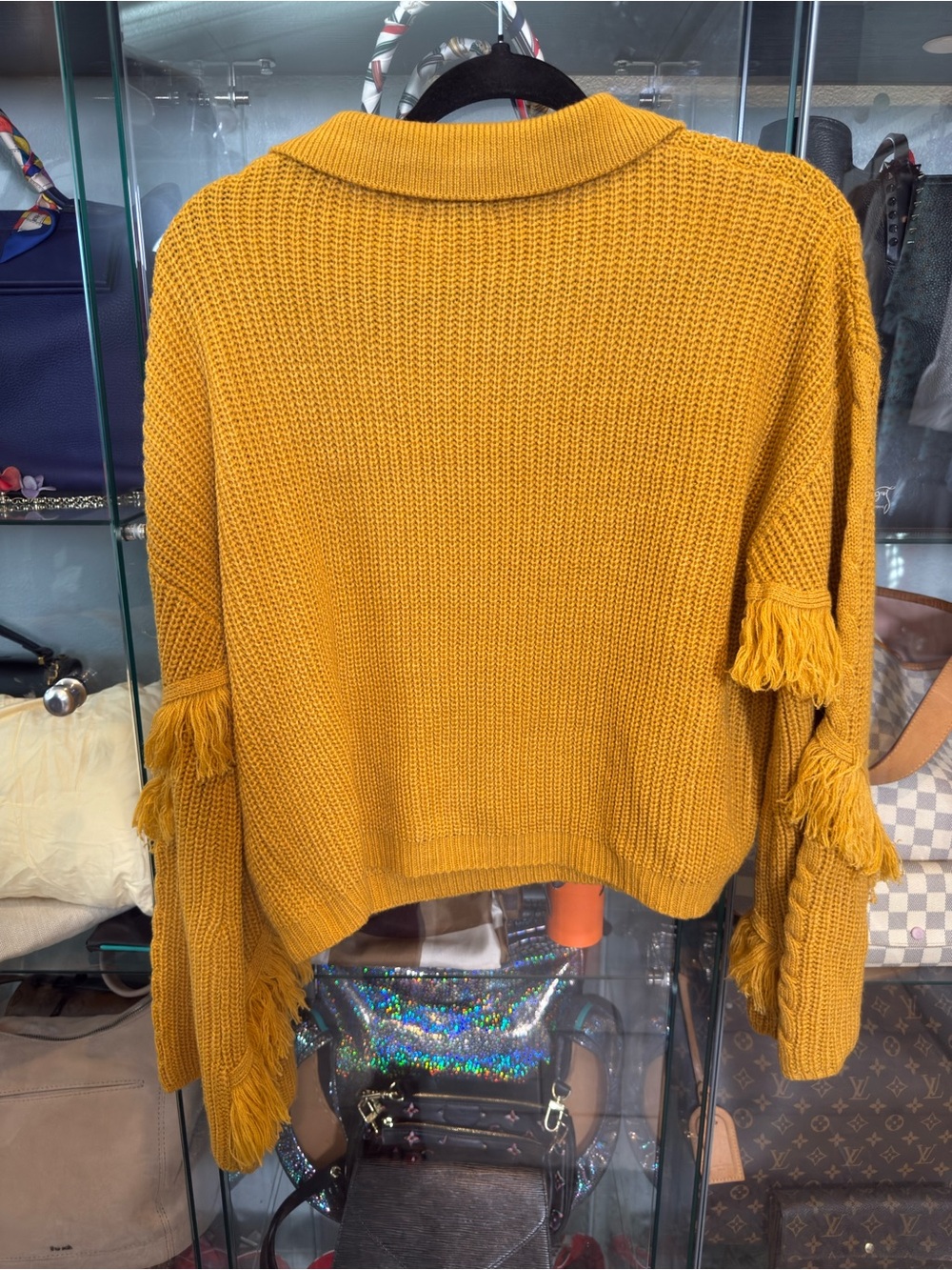 Ontwelfth Mustard Yellow Collared V-Neck Fringe Sleeve Cable Knit Sweater M 339 - Picture 3 of 3